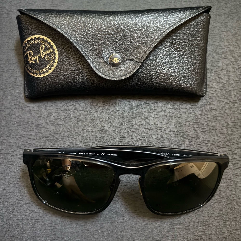 Unisex Ray-Ban Polarized Black Sunglasses with Leather Case